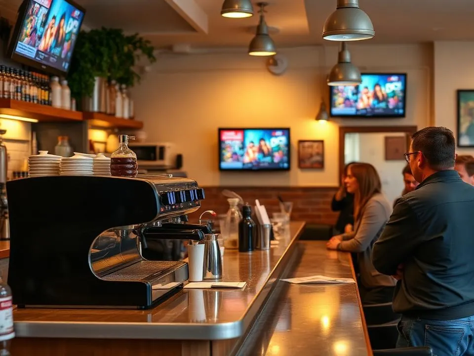 Bancone di un bar con un monitor alla parete
