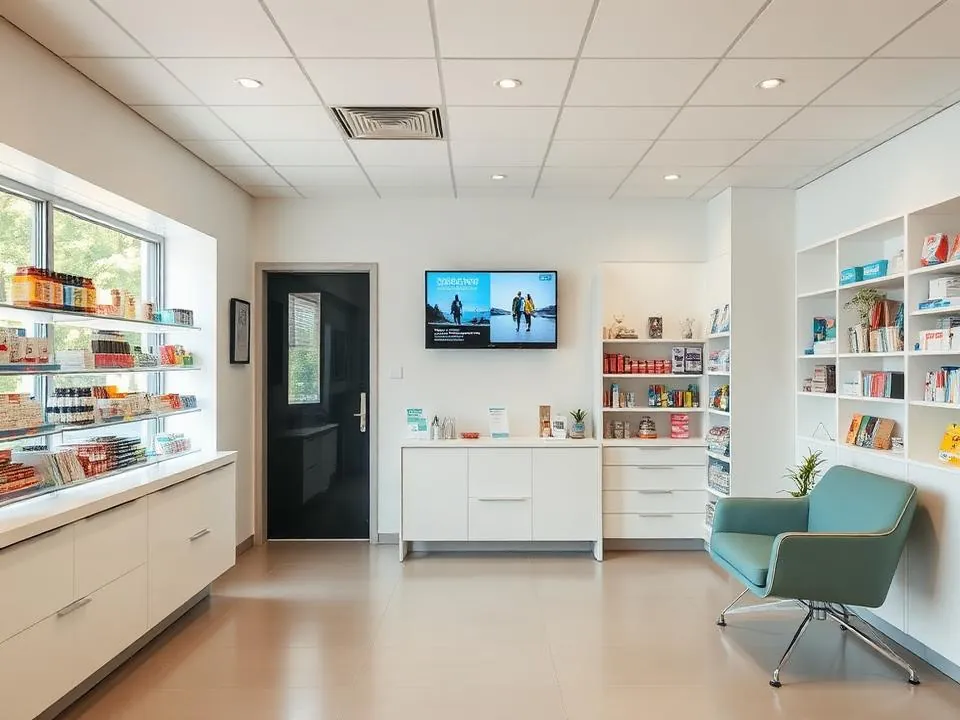 Sala d'attesa di una farmacia con un monitor